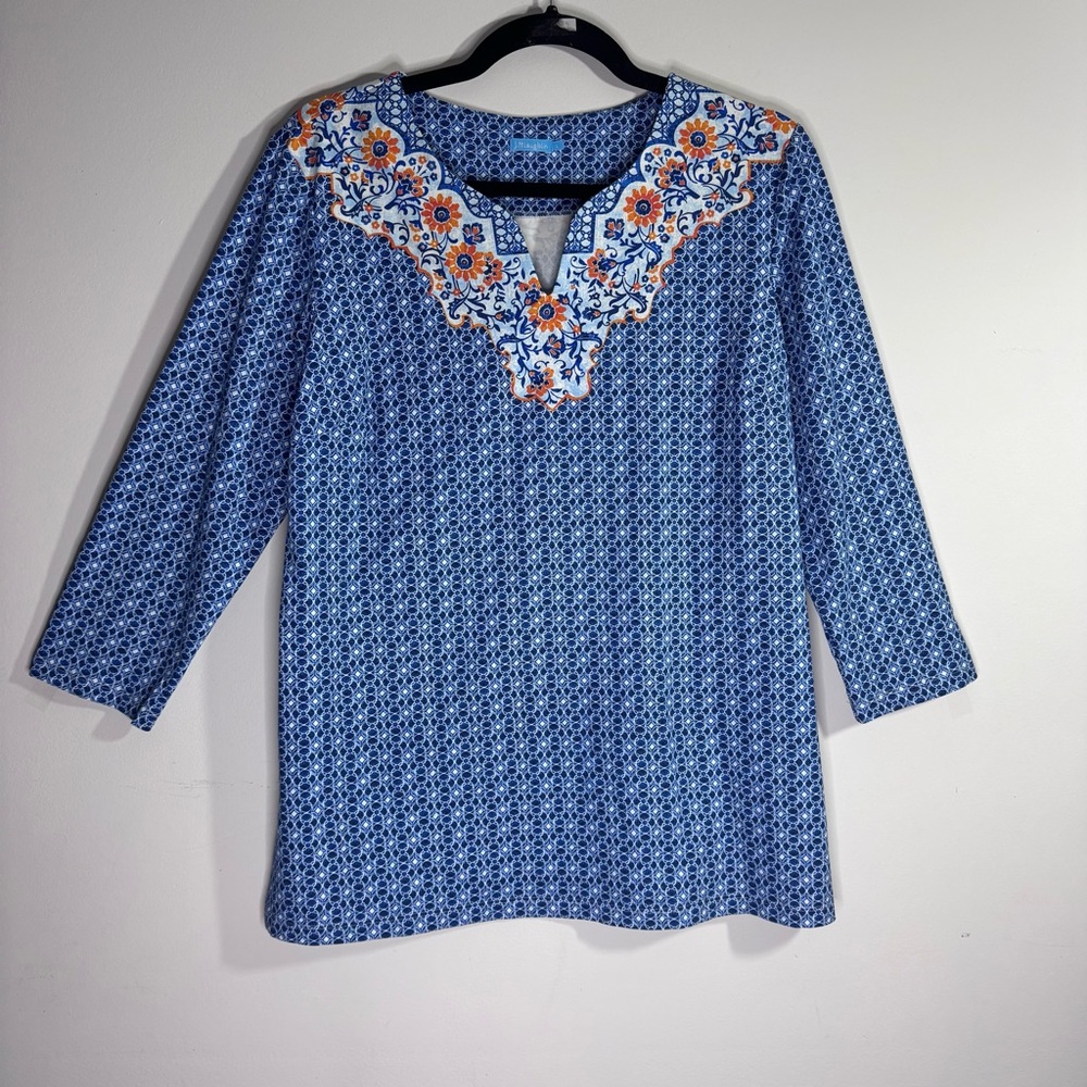 J. McLaughlin Blue Geometric Floral Split Neck Tunic Top L 3/4 Sleeve